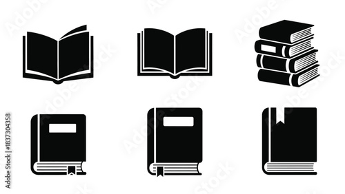 Simple black and white illustrations of various open and closed books