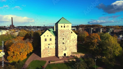 Short Cinematic Drone Clip of Historic Turku Castle Surrounded by Autumn Colors.