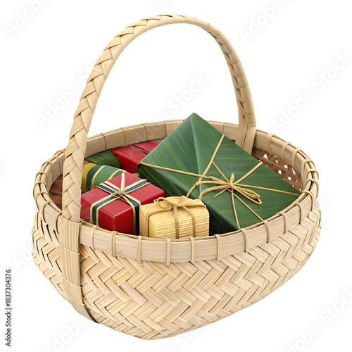 Natural woven basket filled with assorted holiday gifts and presents