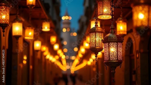 Row of colorful glowing arabic lanterns hanging above traditional souk alley with people walking under festive string lights, concept of ramadan kareem, eid mubarak, middle eastern tourism