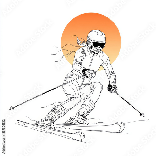Line art of a skier with an energetic pose sliding down a slope against an orange sun background