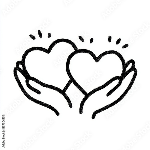 Crayon sketch of palms holding a heart in black and white representing charity and care