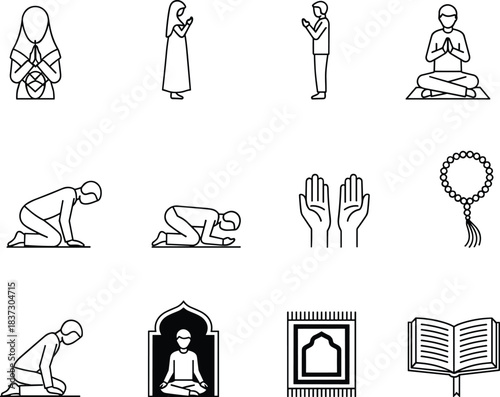 Muslim pray icon set for ramadan kareem and eid al-fitr, islamic prayer position with pray hands icon