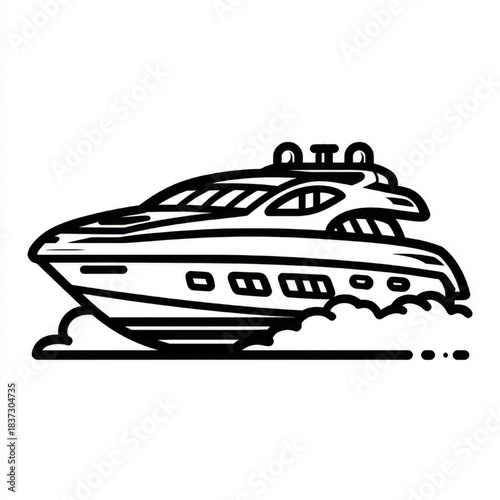  Line art illustration of a luxury yacht in black and white colors representing sea travel and wealth