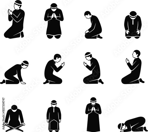 Muslim pray icon set in silhouette depicting various prayer positions for ramadan and eid, pray hands icon included