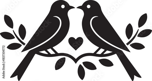 Lovebirds Kissing Silhouette Vector – Romantic Bird Couple with Heart on Leafy Branch, Ideal for Wedding, Valentine & Nature-Themed Designs.