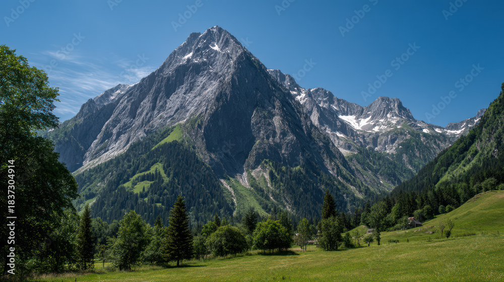 Obraz premium Majestic snow-capped mountain peak towers over lush green valley, revealing nature's grandeur and tranquility under a clear blue summer sky, creating wonder.