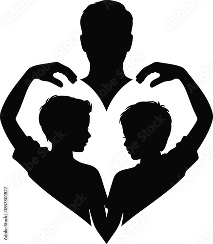 Silhouette of a father and two sons forming a heart shape with their arms