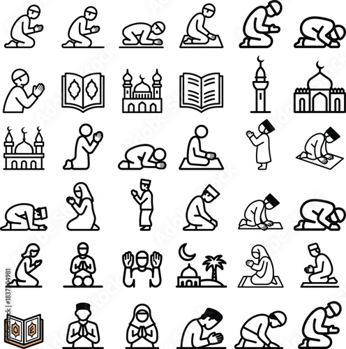 Extensive muslim pray icon set with diverse prayer positions, mosques, quran, and prayer beads, pray hands icon