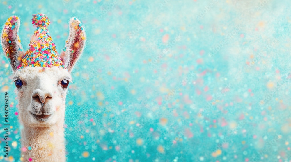 Obraz premium Llama wearing a party hat with colorful confetti in the background