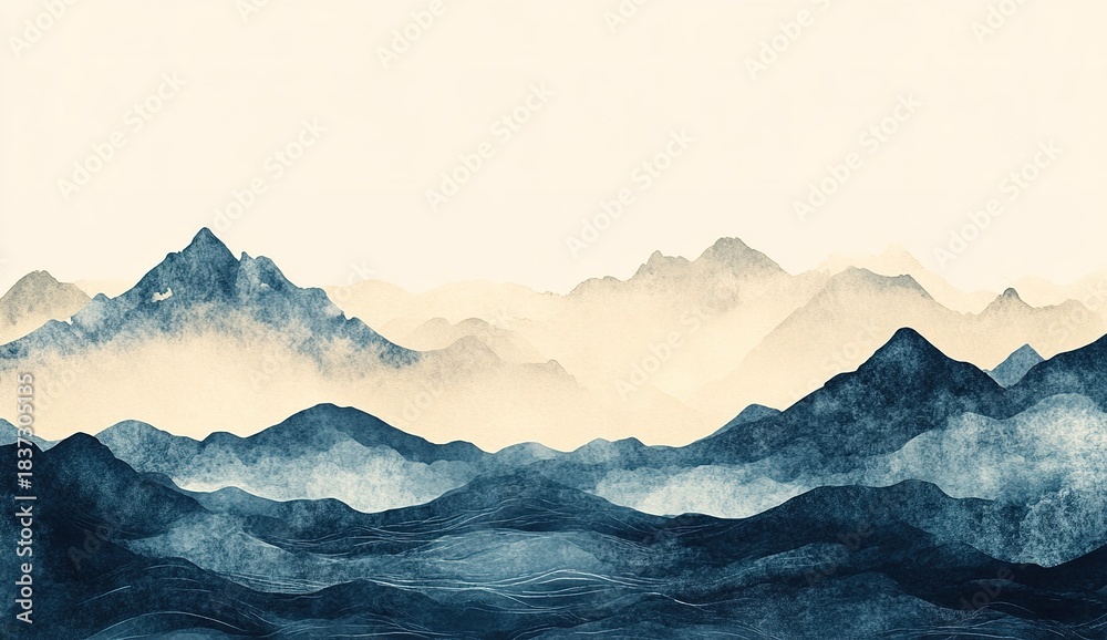 Fototapeta premium Watercolor illustration with a background of mountains and sea, simple vector art in a flat design, style of Chinese ink painting with a Chinese landscape aesthetic. The color tone is dark blue