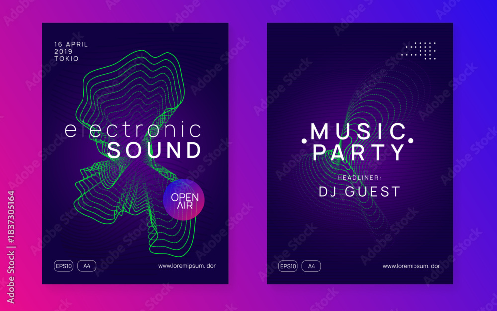 Naklejka premium Discotheque Banner. Party Set. Night Club Electro Element. Psychedelic Disco Illustration. Green Dj Magazine. Pink Fest Poster. Trance Invite. Blue Discotheque Banner
