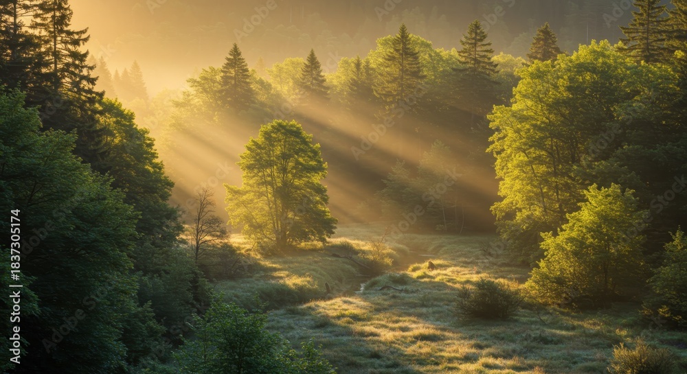 Fototapeta premium Golden sunbeams illuminate a misty, verdant forest valley at daybreak