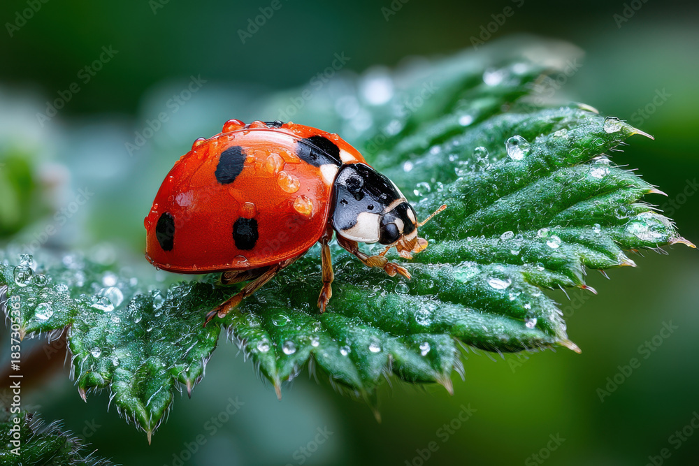 Naklejka premium Ladybug on a Dewy Green Leaf Close Up