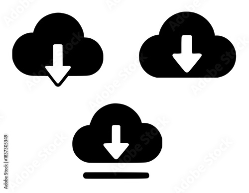 3 cloud download illustrations, black, transparent background