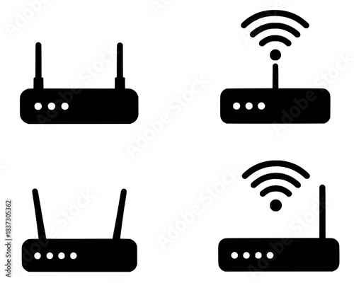 4 wifi router illustrations, black, transparent background