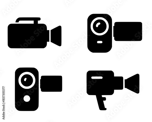 4 illustrations of camcorders, black, transparent background