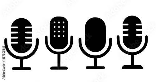 4 microphone illustrations, black, transparent background