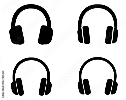 4 headphone illustrations, black, transparent background