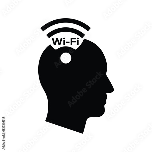 Black silhouette of human head with Wi- Fi symbol and signal waves wi-fi wifi