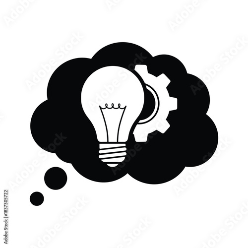 Black thought bubble with white light bulb and gear icon idea cogwheel