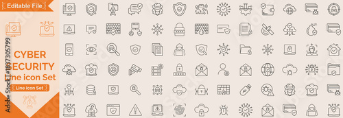 Cyber Security editable stroke outline icons set. Data protection, spam, secure, security, antivirus, password, privacy, padlock and hacker. Vector illustration.