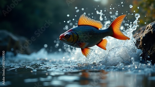 Fototapeta Naklejka Na Ścianę i Meble -  Single Fish Silhouette Jumping from Water in Splash