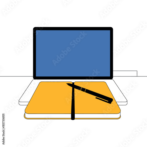 A laptop computer is open with a notebook and pen on top of its keyboard.