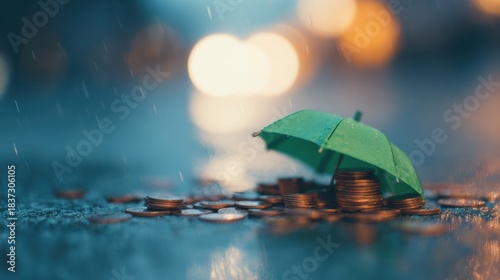 Fototapeta Naklejka Na Ścianę i Meble -  Coins covered by a small green umbrella on a rainy street at night