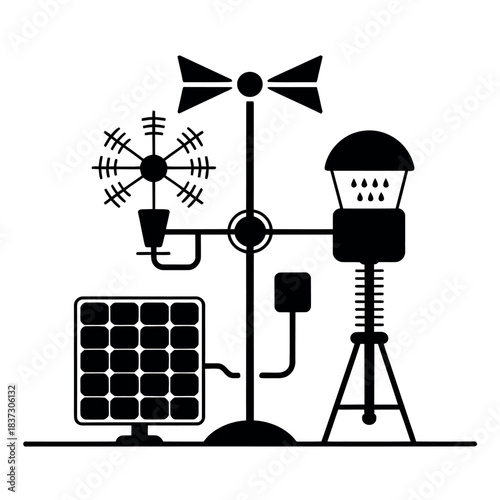 A weather station collects data using various instruments including a solar panel, anemometer, and rain gauge.