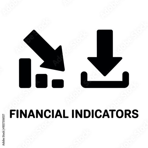 Financial indicators show a downward trend and a download symbol, symbolizing economic decline.