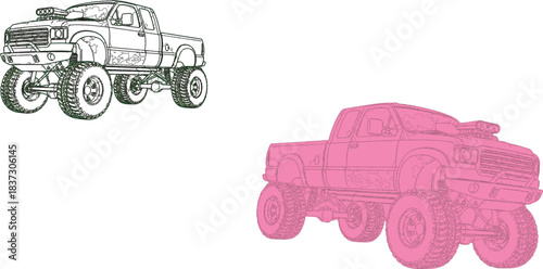 The image features two cartoon-style illustrations of monster trucks, each designed with vibrant colors and exaggerated features that emphasize their and adventurous nature.Victor Illustrator Design