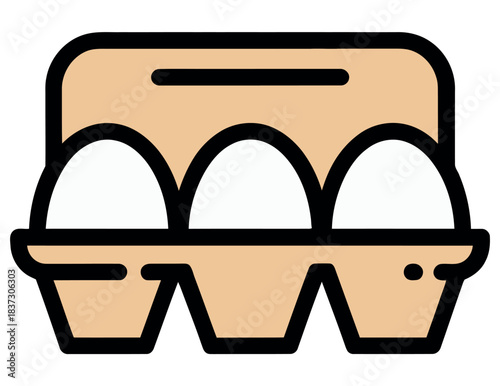 A carton containing three white eggs is shown in a close-up shot.