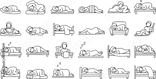 Sleeping People Line Art Set — 24 Outline Illustrations in Various Positions and Settings — For Bedding Brands, Wellness Apps, Posters, and Relaxation Design — Editable Vector Template