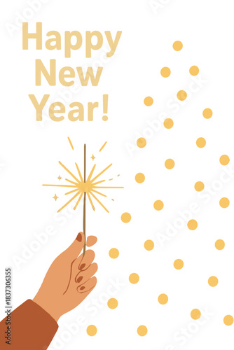 A woman holds a burning sparkler against a stylishly decorated Christmas tree illuminated by lights in a dark room, wishing Happy New Year in an atmospheric setting