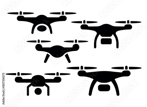 A group of five drone silhouettes are displayed against a white background.
