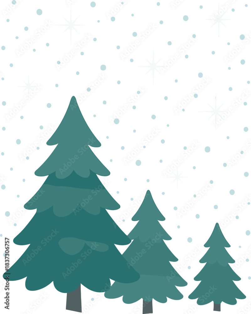 Fototapeta premium Snow-covered winter scenery with twinkling lights and fir trees