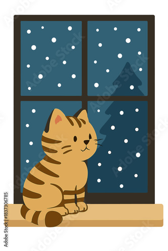 A cute, striped, fluffy domestic kitten sits on the windowsill in the snow, gazing out at the winter scene while awaiting a magical Christmas night in December, snowy, New Year's Eve
