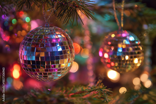 xmas decoration disco mirror balls with colorful lights and branches, winter, peacefully, celebrate, christmas, christian, x-mas, noel, nativity, holiday, photorealistic