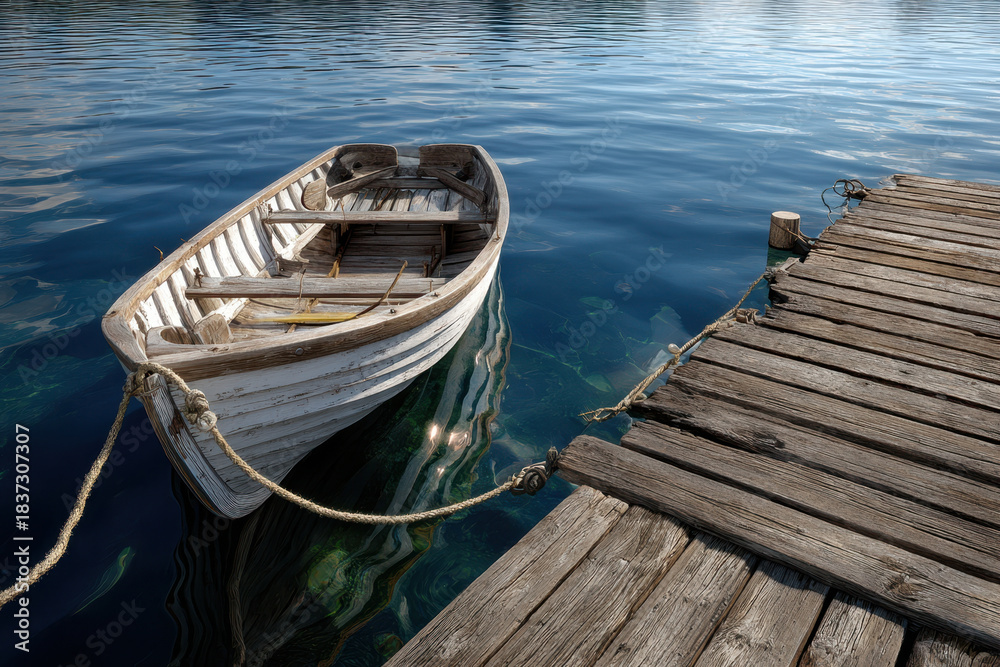 Naklejka premium Small wooden boat moored by a weathered dock on a serene lake in clear water