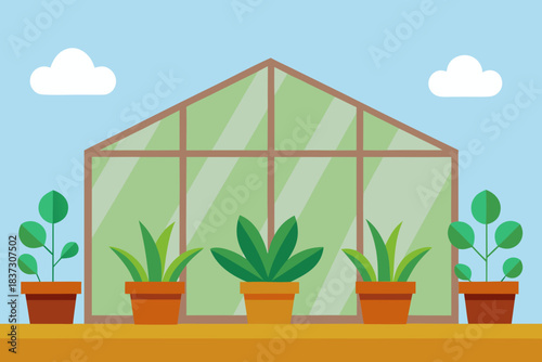 Cartoon greenhouse with plants background simple vector illustration