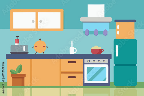 Cute kitchen interior cartoon background simple vector illustration