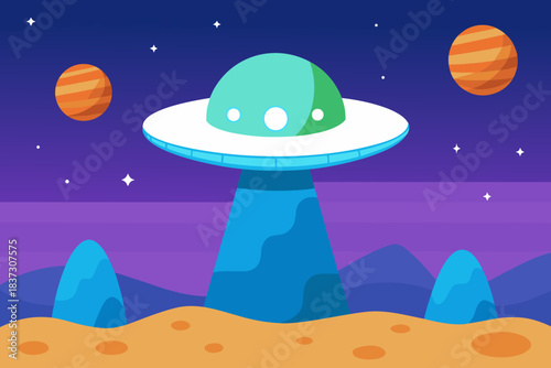 Cute UFO landing site cartoon background simple vector illustration