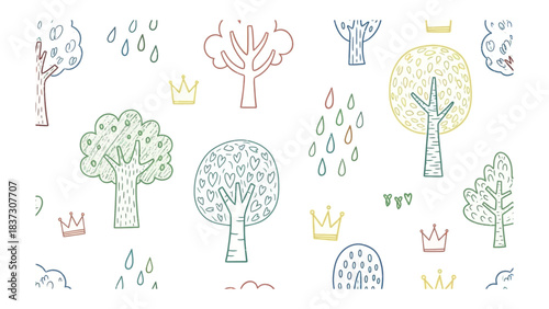 Whimsical Forest Fantasy: Delightful illustration features whimsical trees, crowns, and raindrops, perfect for adding a touch of playful charm.