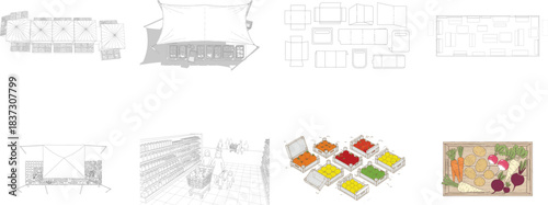 Market stall layouts, supermarket aisle and produce crates sketches Keywords: market, stall
