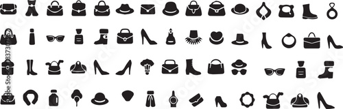 Black vector glyph icons set for beauty shopping and personal fashion accessories.