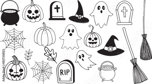 Halloween black and white icon set vector illustration