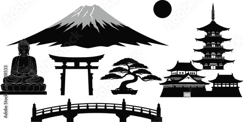 Japan, culture, silhouette, heritage, architecture, MountFuji, Buddha, Torii, pagoda, bonsai, castle, temple, bridge, vector, tradition