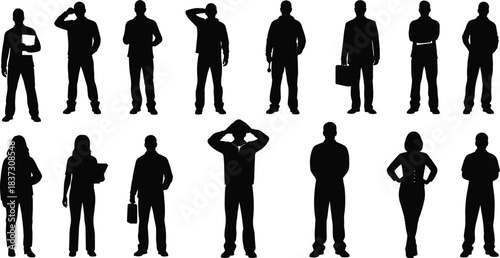 profession, silhouette, worker, posture, gesture, career, occupation, attire, diversity, vector, black, white, standing, icon, role