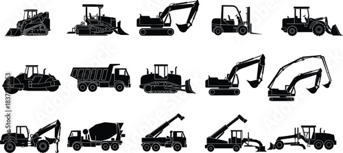 machinery, construction, vehicle, silhouette, equipment, loader, excavator, bulldozer, crane, truck, roller, grader, forklift, vector, black